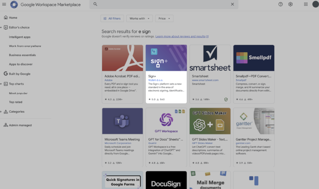 Google Workspace Marketplace — rezultati pretrage za e sign, istaknut dodatak Sign+ tvrtke Vizibit d.o.o.
